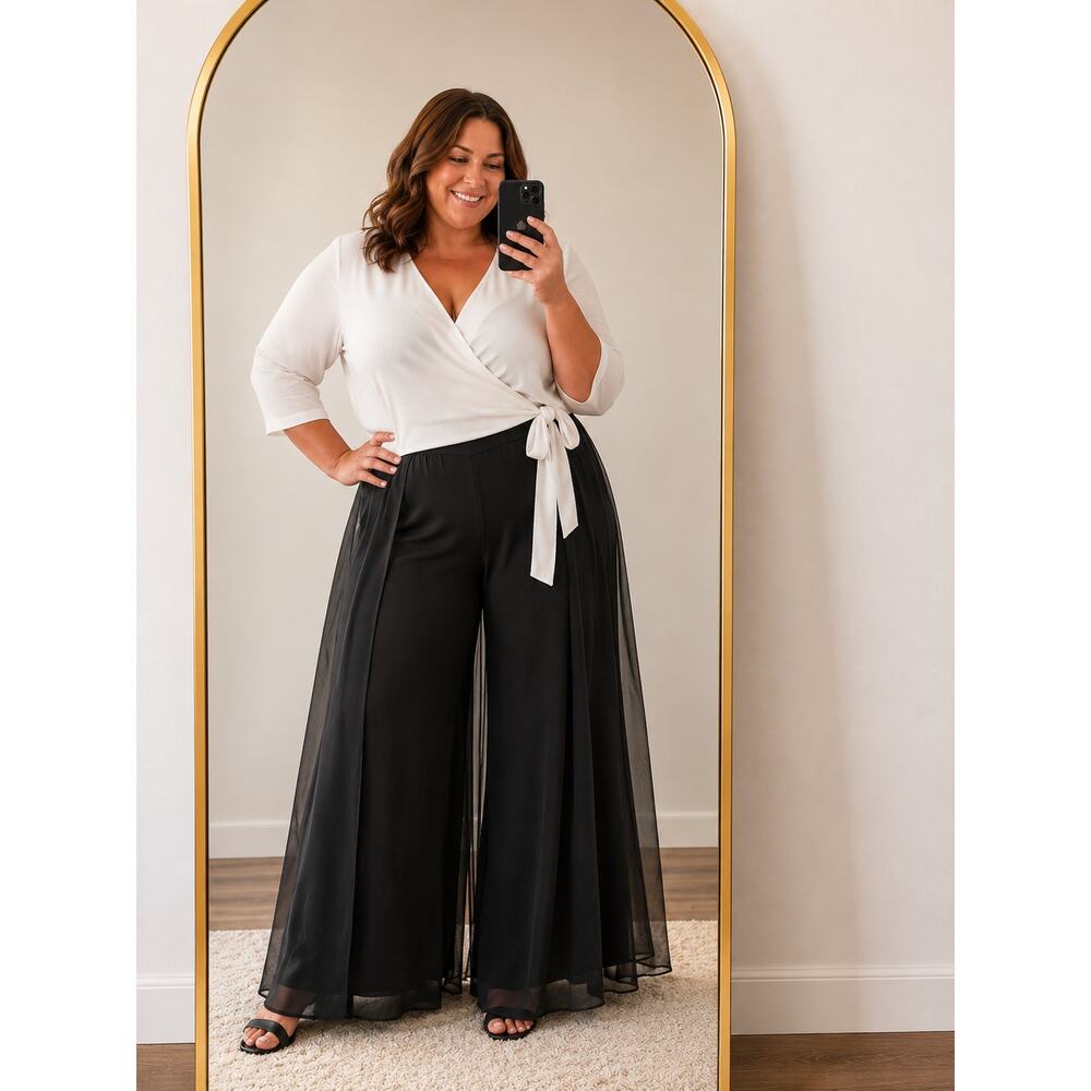 Frank Lyman🌿Black Chiffon Wide Leg Pants Overlay Women’s Size 16 Palazzo Pants,